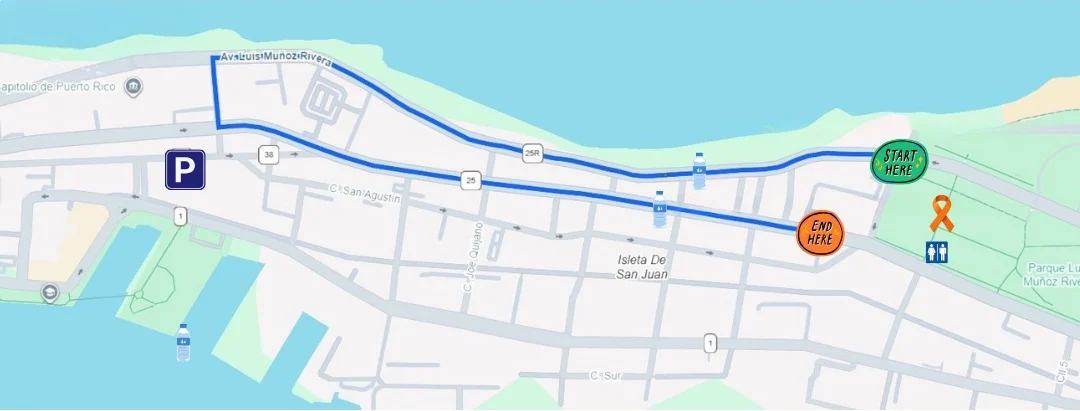 Mapa que muestra la ruta 3k por la Avenida Luis Muñoz Rivera en Viejo San Juan